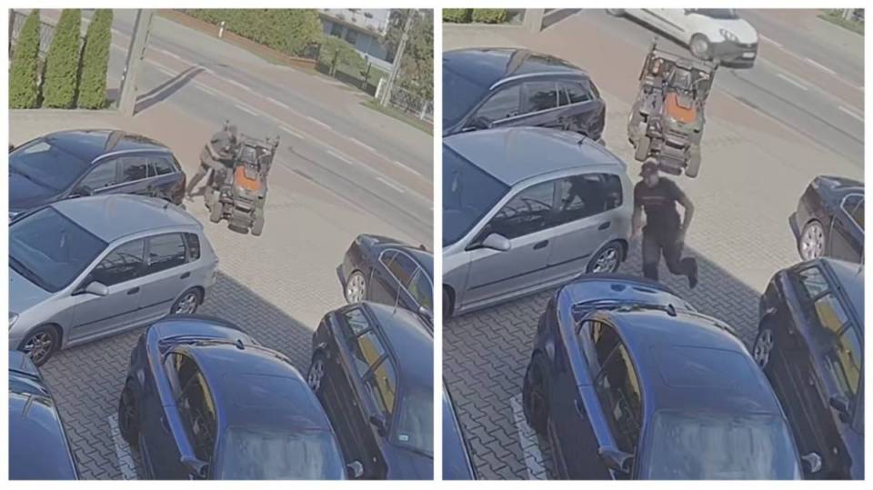 Usłyszał alarm, ruszył do remizy tym na czym siedział! Druh z OSP Pabianice przyjechał do akcji kosiarką [Wideo]